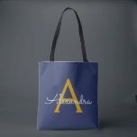 Modern modern marin blå Guld Namn Tygkasse<br><div class="desc">Navy Blue and Guld Elegant Add Your Oown Namn Monogram Bok Bag. Denna Bok-bag kan anpassas så att den omfattar ditt första och första namn och ges som julklapp,  Sverige 16 födelsedagar,  Möhippa eller Bröllop.</div>