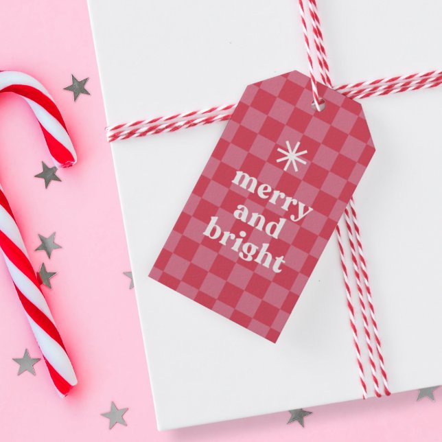 Modern, modig, kontrollerad nyhet och ljus jul presentetikett (merry and bright, bold, modern, checkerboard Christmas gift tag)