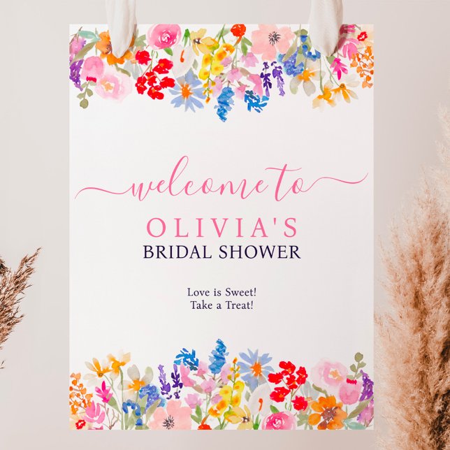 Modern möhippa av trädgårdsblommor välkomnas poster (Modern garden wildflowers script bridal welcome poster)