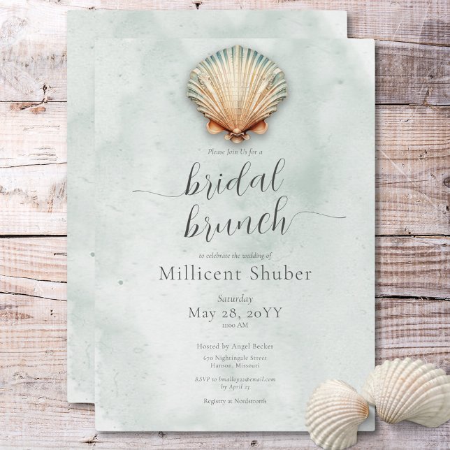 Modern Möhippa Brunch för kustnära vattendrag Inbjudningar (Modern Coastal Seashell Aqua Bridal Brunch Invitation)