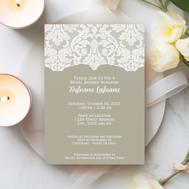 Modern Möhippa eller Förlovningsfest i Snöre Inbjudningar (Bridal Shower Invitation - taupe and white lace print)