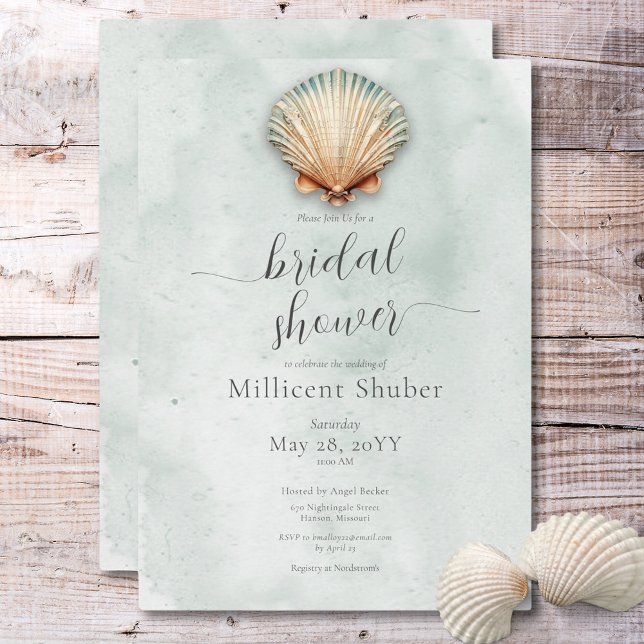 Modern Möhippa för kustnära vattendrag Inbjudningar (Modern Coastal Seashell Aqua Bridal Shower Invitation)