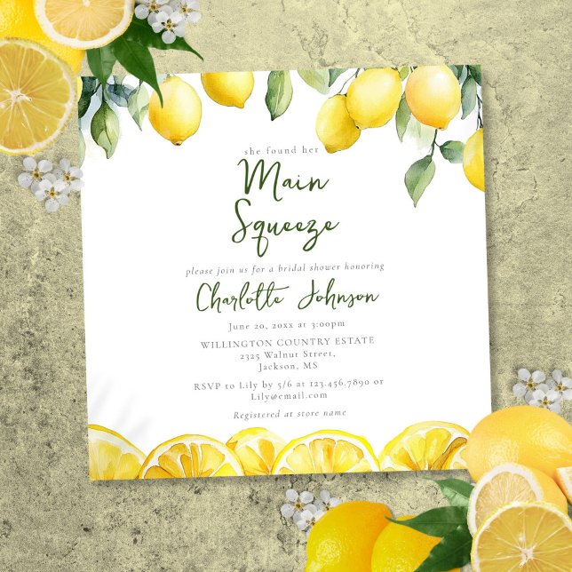 Modern Möhippa för Lemon-högdagerhögkvartersfärgsl Inbjudningar (Modern Main Squeeze Watercolor Lemon Bridal Shower Invitation)