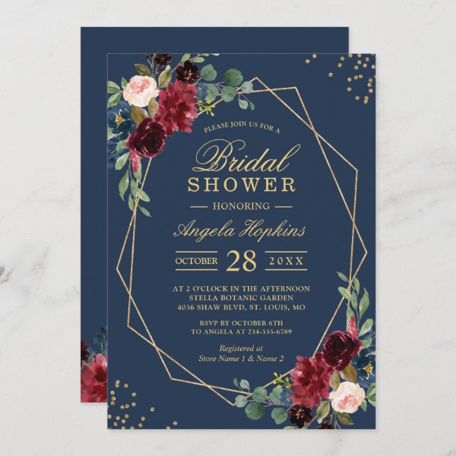 Modern Möhippa för marin blå burgundy röd Blommigt Inbjudningar (Fram/baksida)