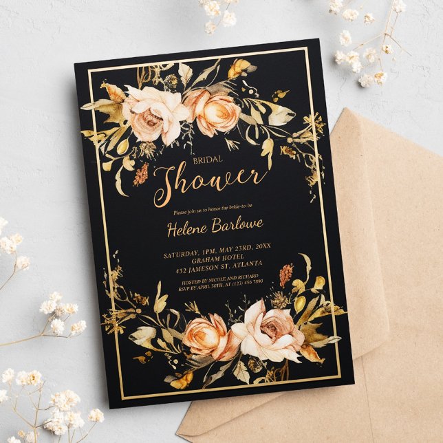 Modern Möhippa för svart Blommigt Inbjudningar (Black Floral Modern Bridal Shower Invitation)