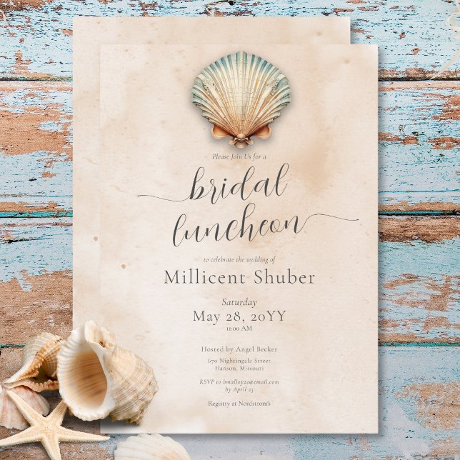 Modern Möhippa Luncheon Inbjudningar (Modern Coastal Seashell Sand Bridal Luncheon Invitation)