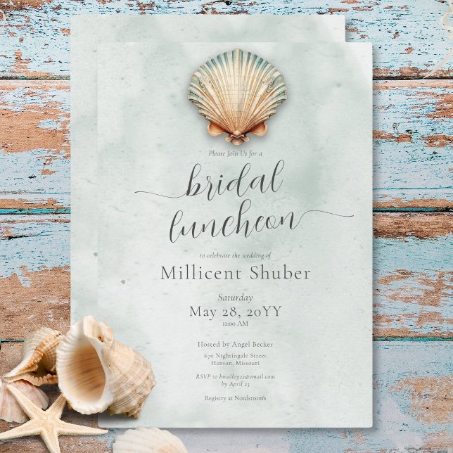 Modern Möhippa Luncheon, kustnära vattendrag Inbjudningar (Modern Coastal Seashell Aqua Bridal Luncheon Invitation)