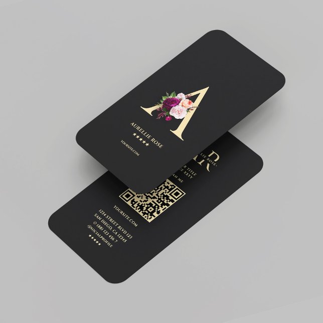 Modern Monogram A Elegant Blommigt Black Visitkort (Modern Monogram A Elegant Floral Black Gold Business Card
)