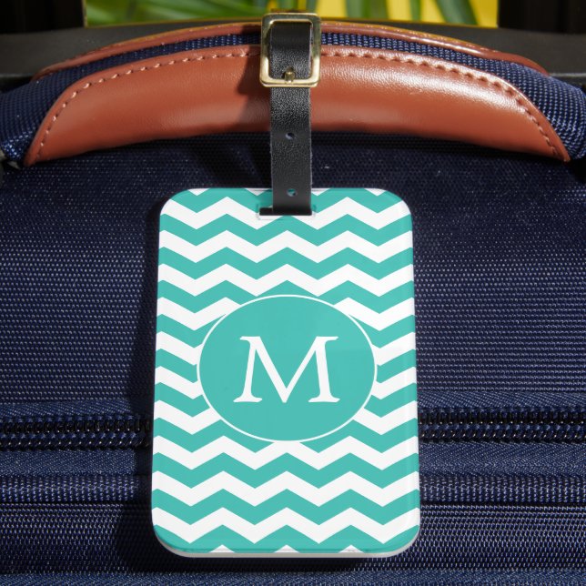 Modern Monogram Aqua Chevron Rand Mönster Bagagebricka (Framsida Insitu 2)