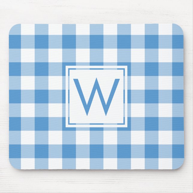 Modern Monogram Baby blue & White Gingham Mönster Musmatta (Framsidan)