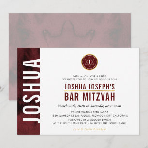 MODERN MONOGRAM BAR MITZVAH sidofält marinröd Inbjudningar