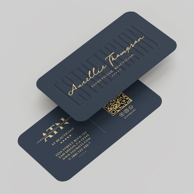 Modern Monogram Beautician Esthetician Blue Guld Visitkort (Modern Monogram Beautician Esthetician Blue Gold Business Card
)