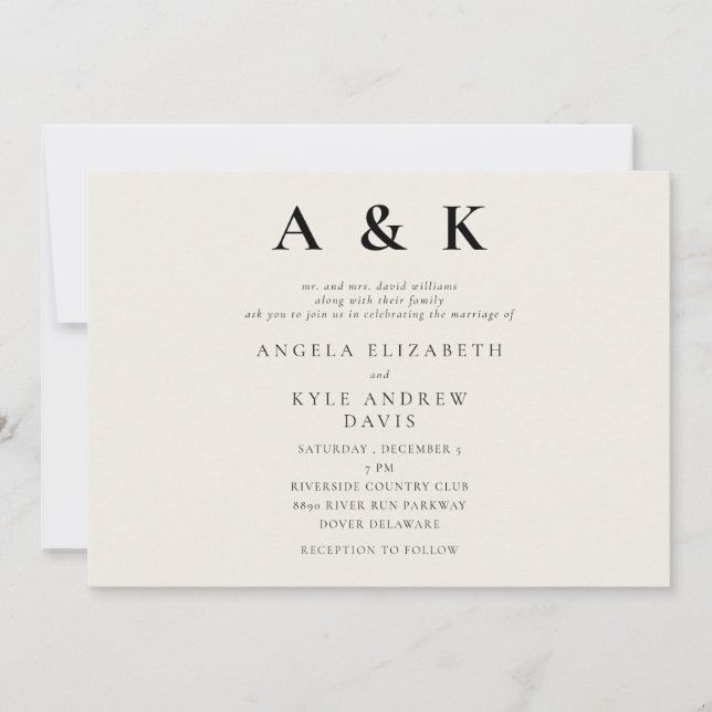 Modern Monogram Beige Modern Horisontell Bröllop Inbjudningar (Framsida)