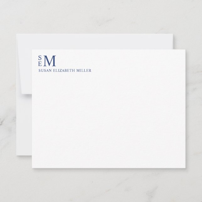 Modern monogram - blå, personlig stationeranteckni anteckningskort (Framsida)