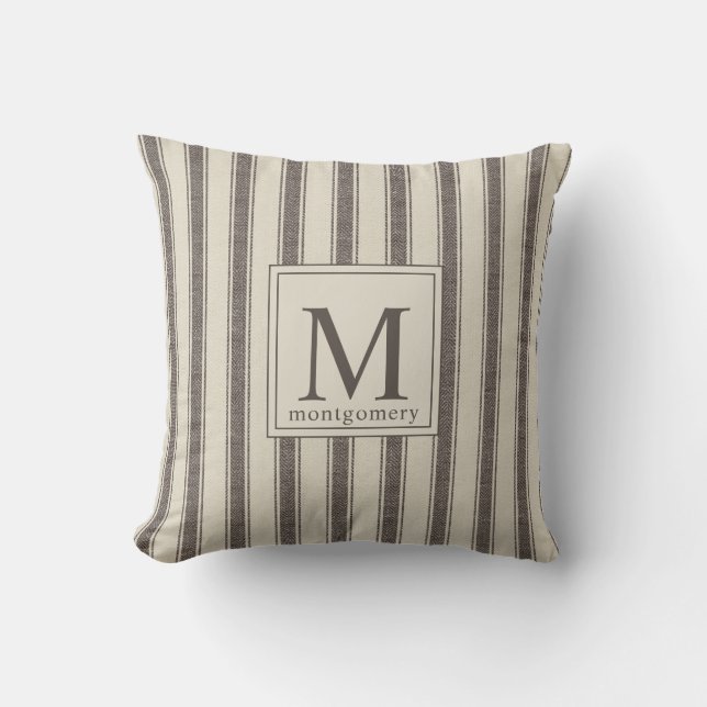 Modern Monogram Black Beige l Farmhouse Ticking Kudde (Framsida)