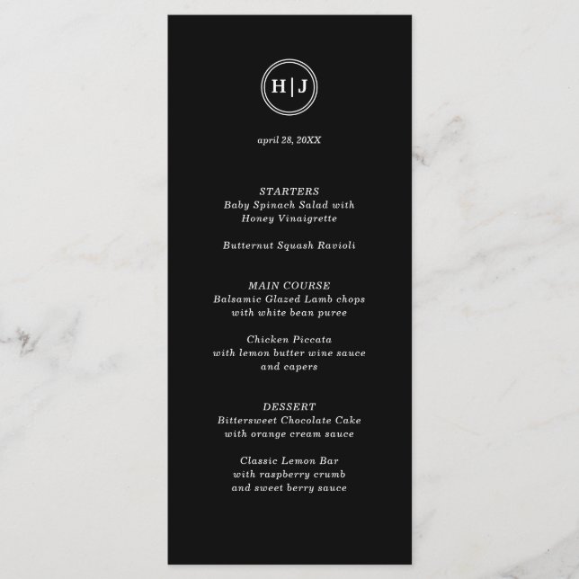 Modern Monogram Black Bröllop Menu Meny (Framsida)