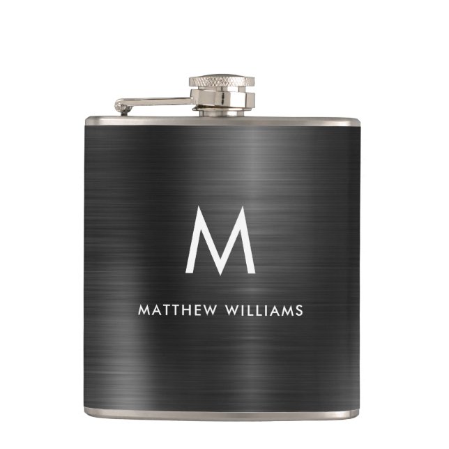 Modern Monogram Black Faux Brushed Metall Fickplunta (Framsidan)