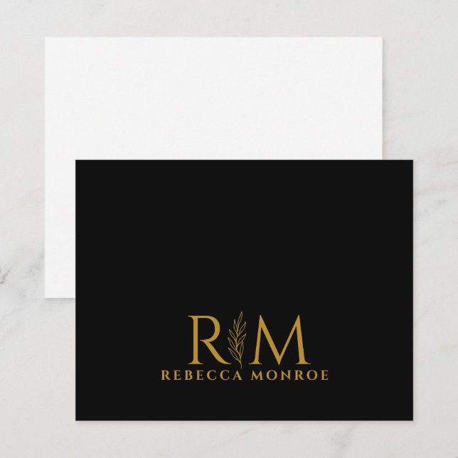 Modern Monogram Black Gold Name Anteckningskort (Fram/baksida)