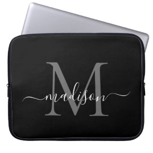 Modern Monogram Black Grått Silver Girly-skript Laptop Fodral