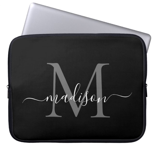Modern Monogram Black Grått Silver Girly-skript Laptop Fodral (Framsidan)