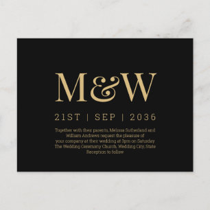 Modern Monogram Black Guld bröllopsinbjudan Vykort