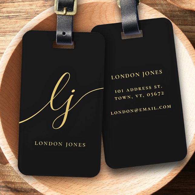 Modern Monogram Black Guld Calligraphy Namn Bagagebricka (Skapare uppladdad)