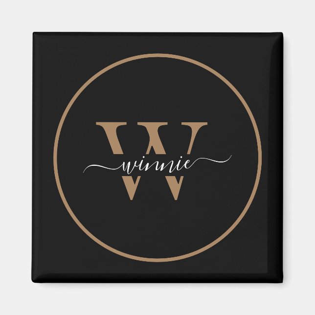 Modern Monogram Black Guld-miniskript Namn Magnet (Framsidan)