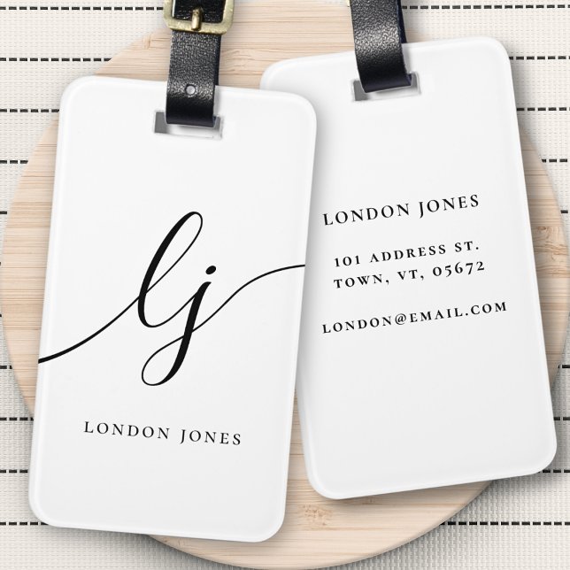 Modern Monogram Black White Calligraphy Initialer Bagagebricka (Skapare uppladdad)