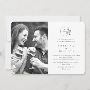 Modern Monogram Black White Photo Bröllop Inbjudningar