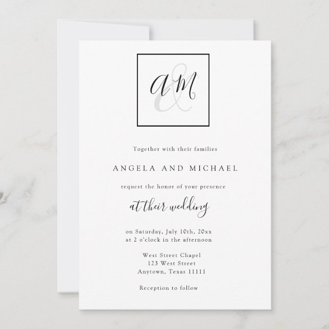 Modern Monogram Black & White Wedding-inbjudan Inbjudningar (Framsida)