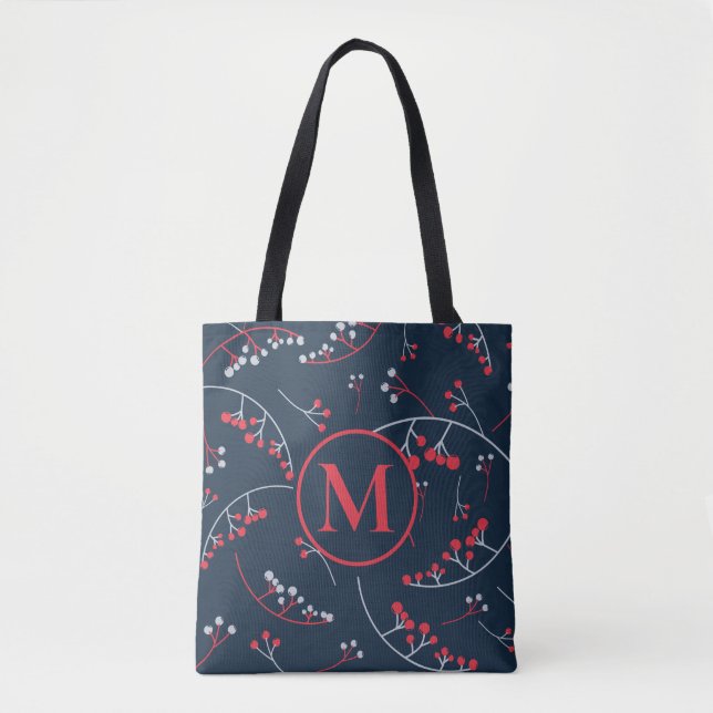 Modern monogram blek grått röd bär mönster tygkasse (Framsida)