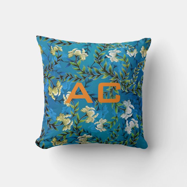 Modern Monogram Blue Blommigt Chic Kudde (Framsida)