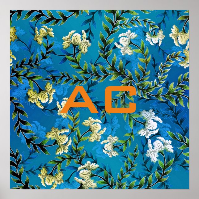 Modern Monogram Blue Blommigt Chic Poster (Framsidan)