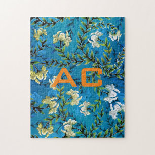 Modern Monogram Blue Blommigt Chic Pussel