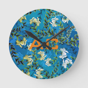 Modern Monogram Blue Blommigt Chic Rund Klocka