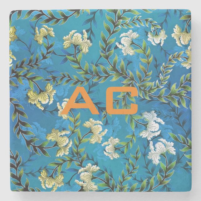 Modern Monogram Blue Blommigt Chic Stenunderlägg (Framsidan)