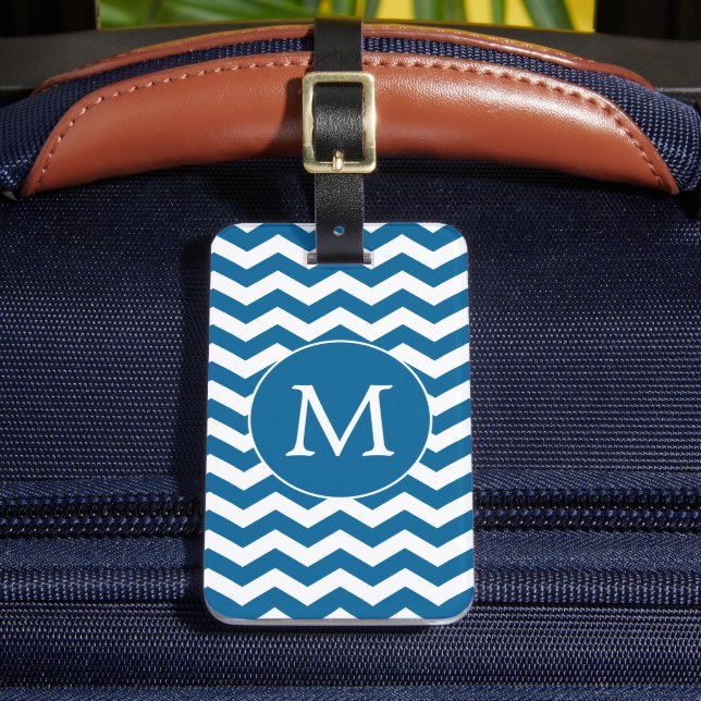 Modern Monogram Blue Chevron Rand Mönster Bagagebricka (Framsida Insitu 2)