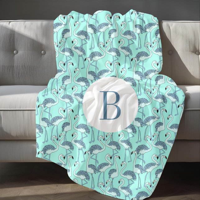 Modern monogram Blue Flamingos Fleecefilt (Modern Monogram Blue Flamingos Fleece Blanket)