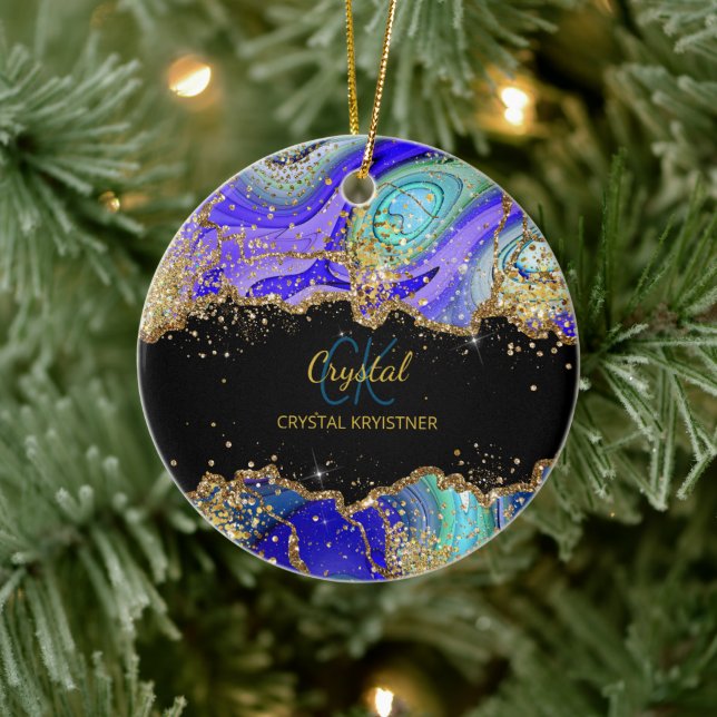 Modern Monogram Blue Grönt Guld Julgransprydnad Keramik (Träd)