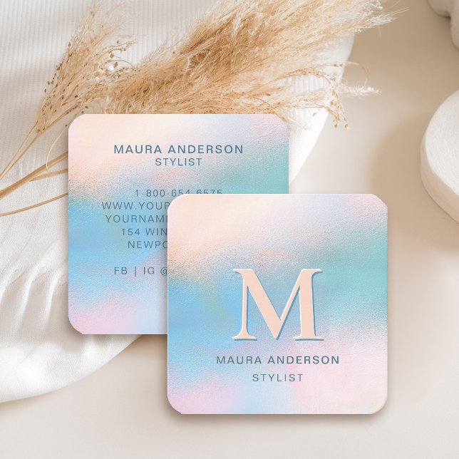 Modern Monogram Blue Peach Teal Holo Elegant Chic Fyrkantigt Visitkort (holographic teal blue business card square peach monogram hairdresser stylist artist lash nails)