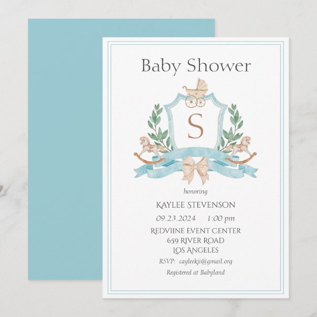 Modern monogram Blue Vapensköld Greenery Baby Inbjudningar (Fram/baksida)