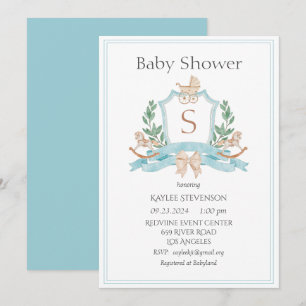 Modern monogram Blue Vapensköld Greenery Baby Inbjudningar