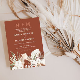 Modern Monogram Boho Blommigt Terracotta Bröllop Inbjudningar