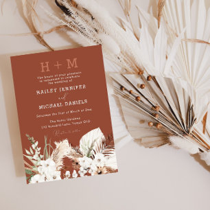 Modern Monogram Boho Blommigt Terracotta Bröllop Inbjudningar