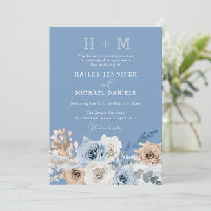 Modern Monogram Boho Dusty Blue Blommigt Bröllop Inbjudningar