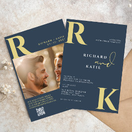Modern monogram Bold Navy Blue Photo Inbjudningar