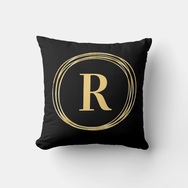 Modern Monogram Brev-cirklerna i Svarta Guld Kudde (Framsida)