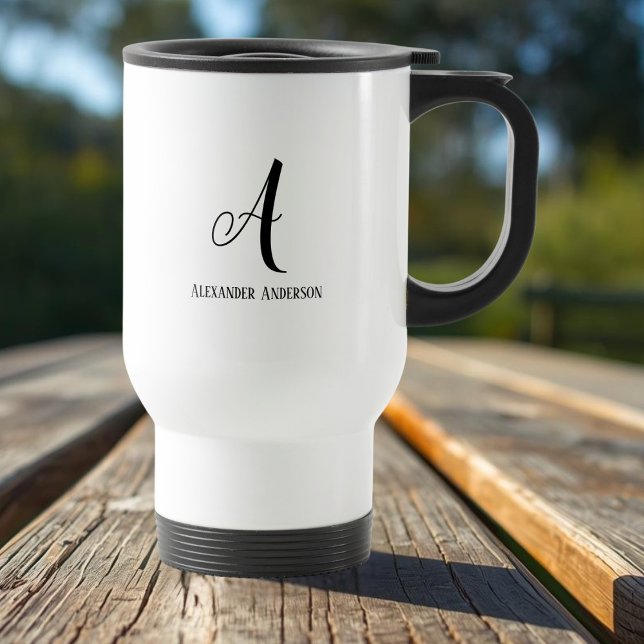Modern Monogram brev och fullt Resemuggen namn Resemugg (Modern Monogram letter and full name Travel Mug - Black and white)