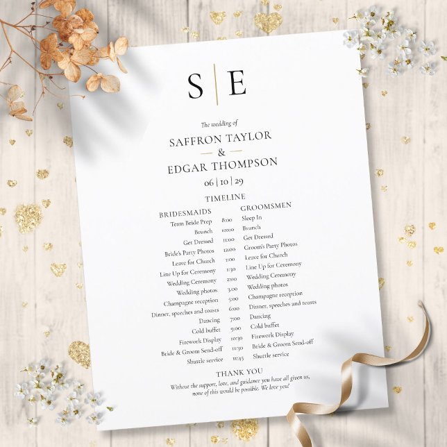 Modern Monogram Bröllopsschema Tidslinje (Modern Monogram Wedding Schedule Timeline)