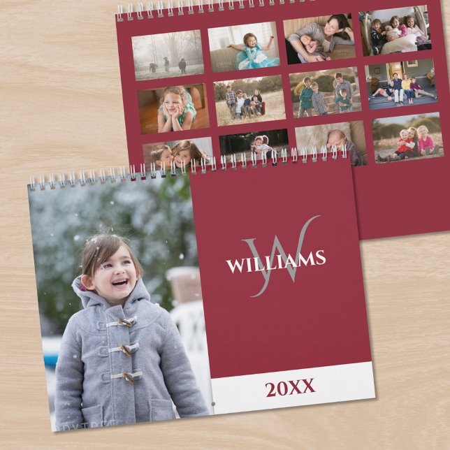 Modern Monogram Burgundy Red Photo Kalender (Modern Monogram Burgundy Red Photo Calendar, front/back)
